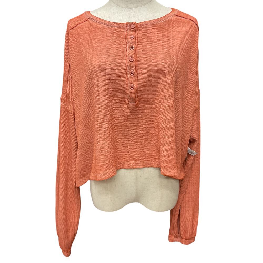 Flirtitude Active Long Sleeve Cropped Henley Shirt Ortega Rust Size XL Knit